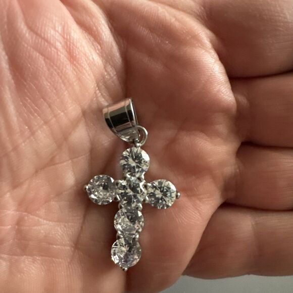 Cubic Zirconia Stainless Steel Cross Pendant Gift Trendy 24” Necklace Silver - Picture 4 of 6